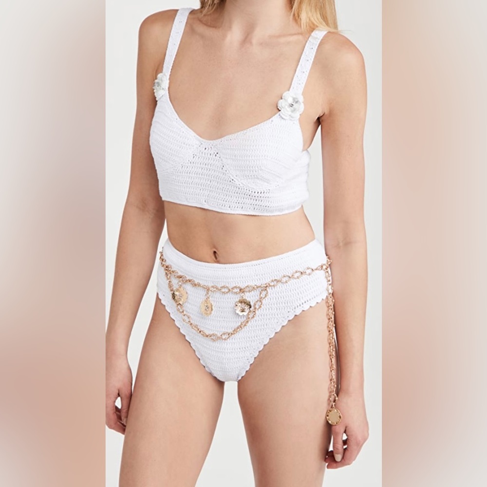 MAIYO *Daisy* white cotton crochet bikini w gold flower chain belt L